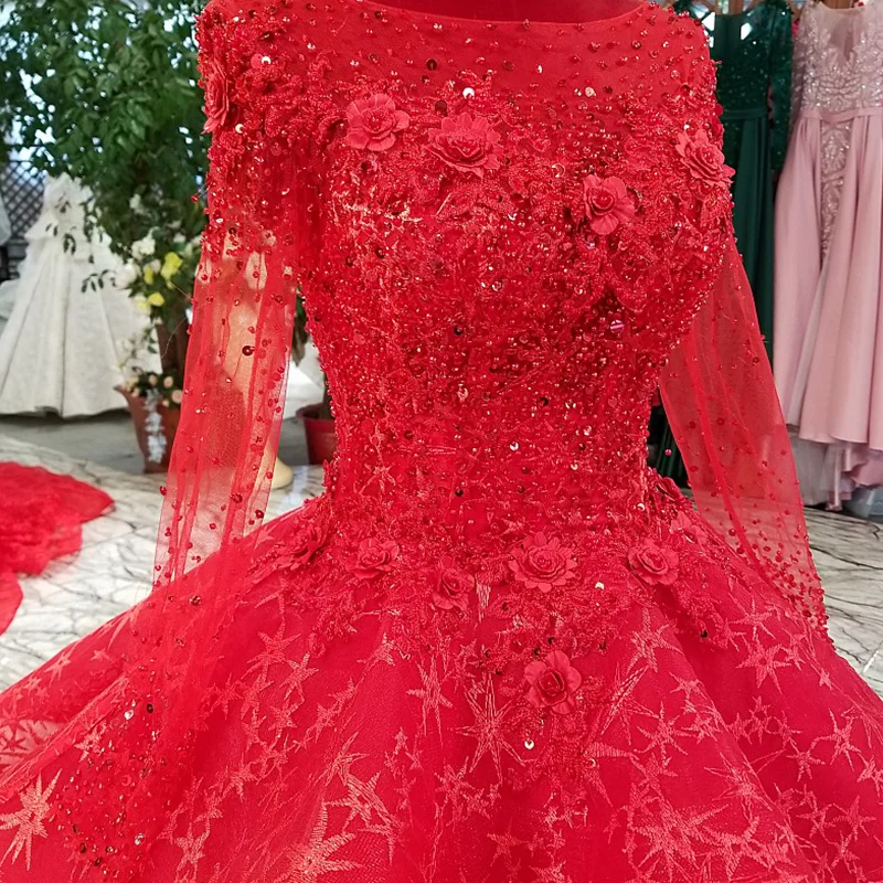 Красное Бальное Платье LS69433 вечернее платье с баской круглым вырезом и длинными