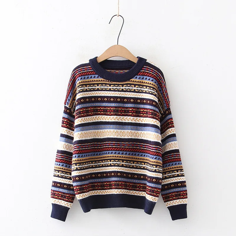 

New Autumn Winter Vintage Striped Sweaters Women Casual O Neck Folk-custom Knitted Loose Pullovers Female Chic Retro Jumper