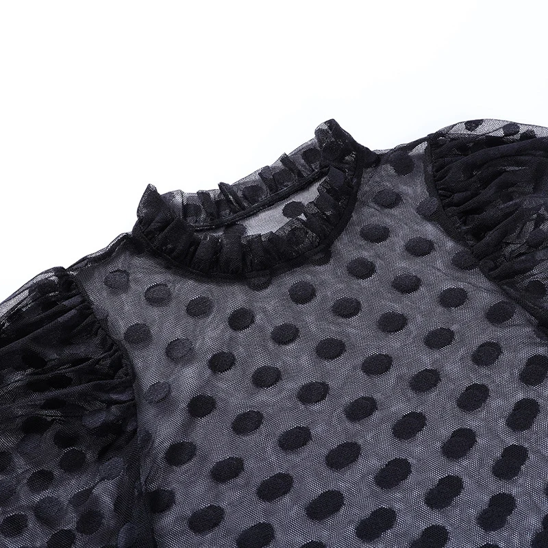 

YYXZ Spring Autumn Fashion Sexy Slim Patchwork Transparent Mesh Dotted Long Sleeve SML Woman Casual Short Shirt Lady Blouses