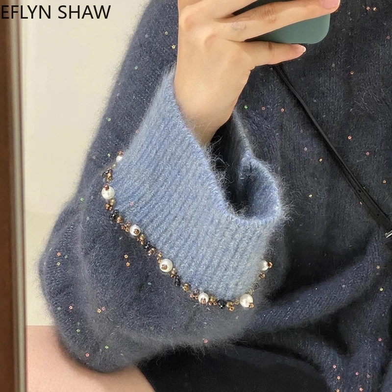 

Korean High End Sweaters 2021 Autumn Winter Fuzzy Purple Sweater Beading Color-blocking Long Sleeved Knitted Tops Chic pullovers