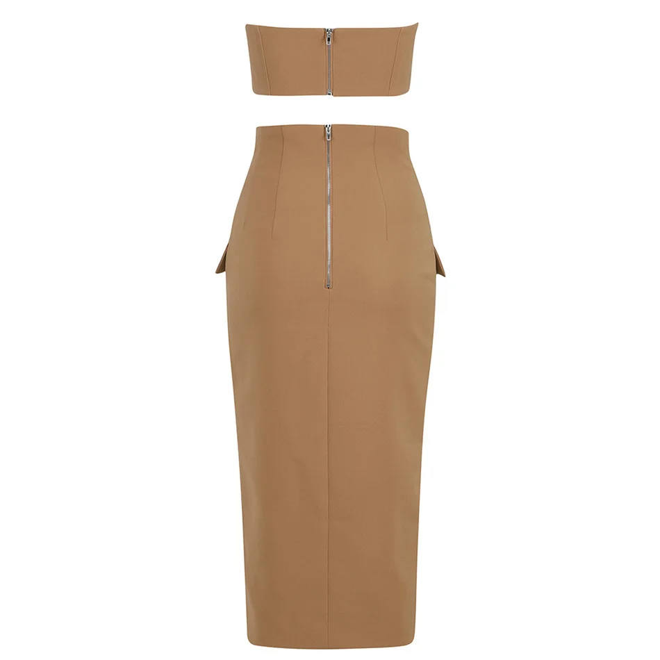 

2021 New Women'S Fashion 2-Piece Set Sexy Strapless Backless Diamond Split Khaki Celebrity Designer Fashion High Street Suit