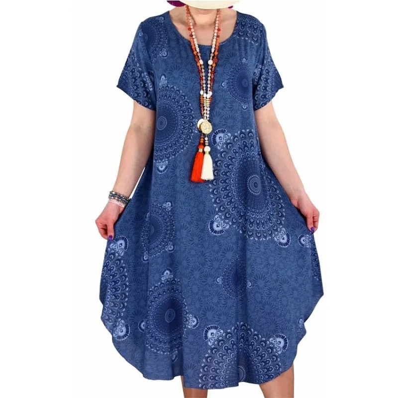 

Summer Boho Print Loose Casual Midi Long Dress Plus Size 5XL Short Sleeve Women Beach Dress Verano 2021 Ethnic Sundress Vestidos