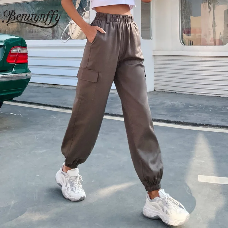 

Брюки-карго женские летние коричневые с эластичной талией и карманами, 2021