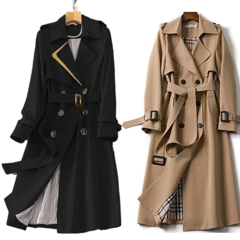 

2022 Women Trench Elegant Coat With Belt Autumn Winter Double Breasted Solid Cloak Korean Style Windbreaker Womens Middle Long