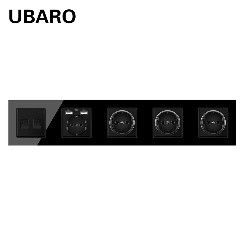

UBARO German Standard Crystal Glass Panel Wall Socket With RJ45 RJ11 TV Sigal Terminals Plug Sockets Home Outlet AC100-250V 16A