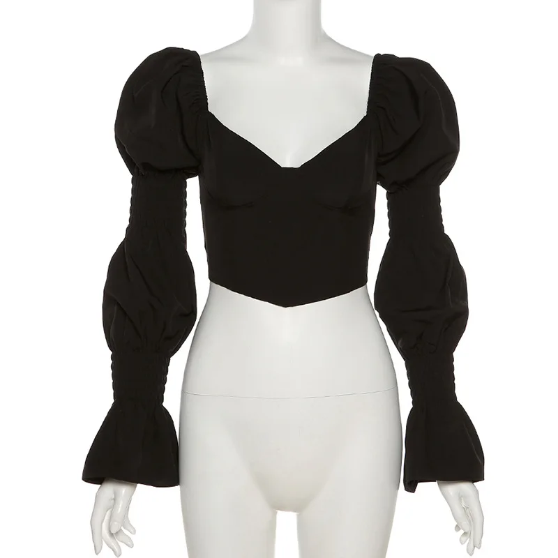 

Winter Style Fashion T-Shirt 2021 Sexy Fashion Long Flare Sleeve Square Collar Solid Bodycon Sexy High Street Women T-Shirt