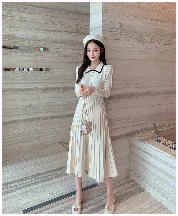 

Women Knitted Pleated Dress New Fashion Casual Turn Down Collar Girls Dress Fall Winter Long Sleeve Thick Sweater Dress