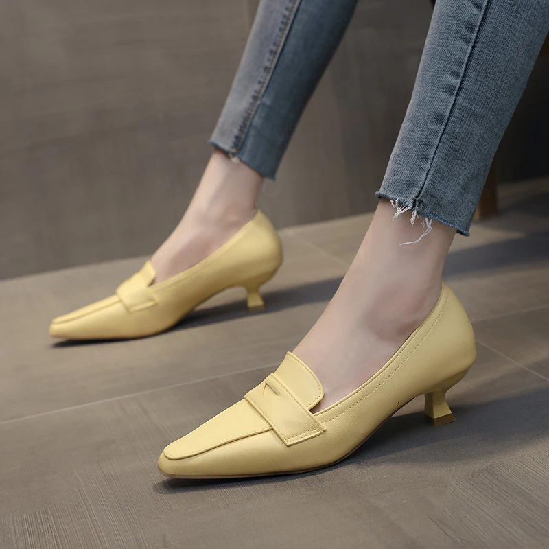 

2021 Ladies Pumps Office Slip On Pointed Toe Leather Shoes Women Sandals Spring Autumn Black White Yellow Thin High Heels Shoes