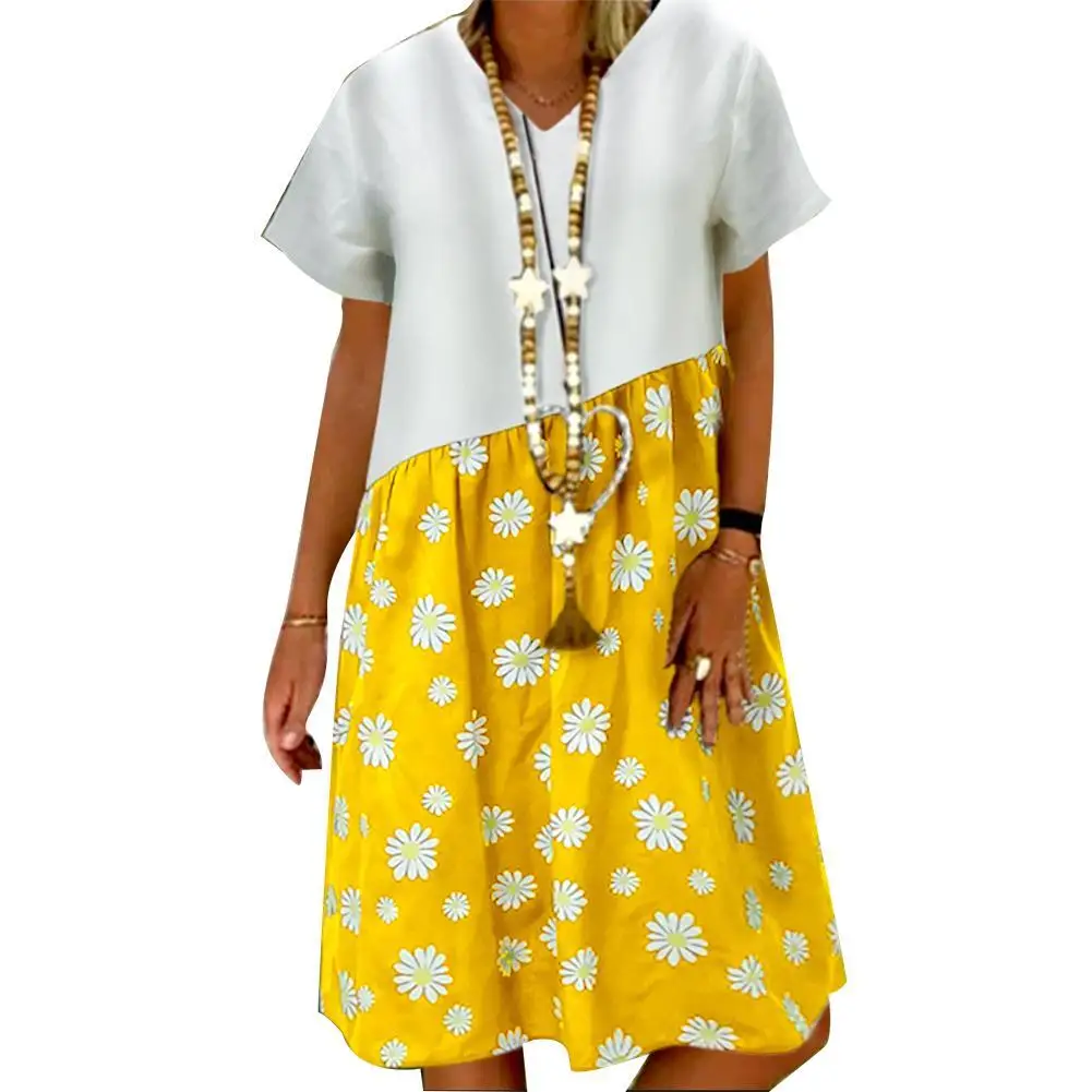 

Женское платье с коротким рукавом, V-образным вырезом и цветочным принтом