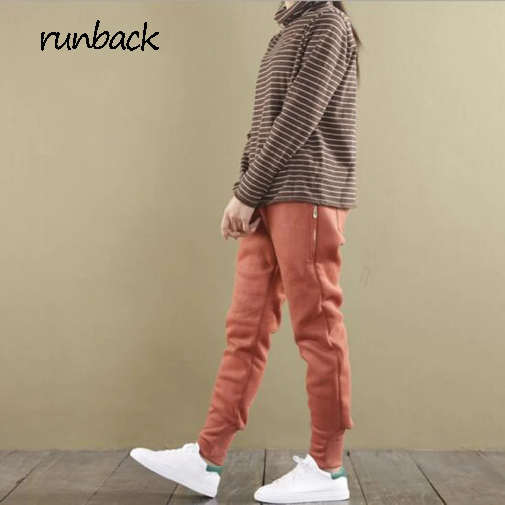 Runback хлопок полиэстер молния женские теплые Слаксы толстые флисовые брюки