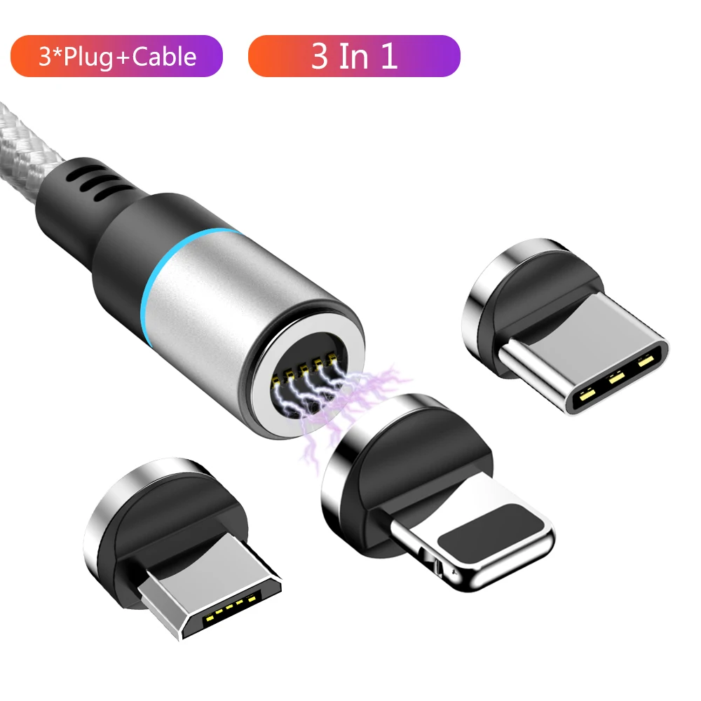 Магнитный Micro USB кабель для iPhone samsung Xiaomi 3A Быстрая зарядка данных провод шнур магнитное зарядное устройство usb type C кабель для мобильного телефона - Цвет: Silver Cable 3 Plug