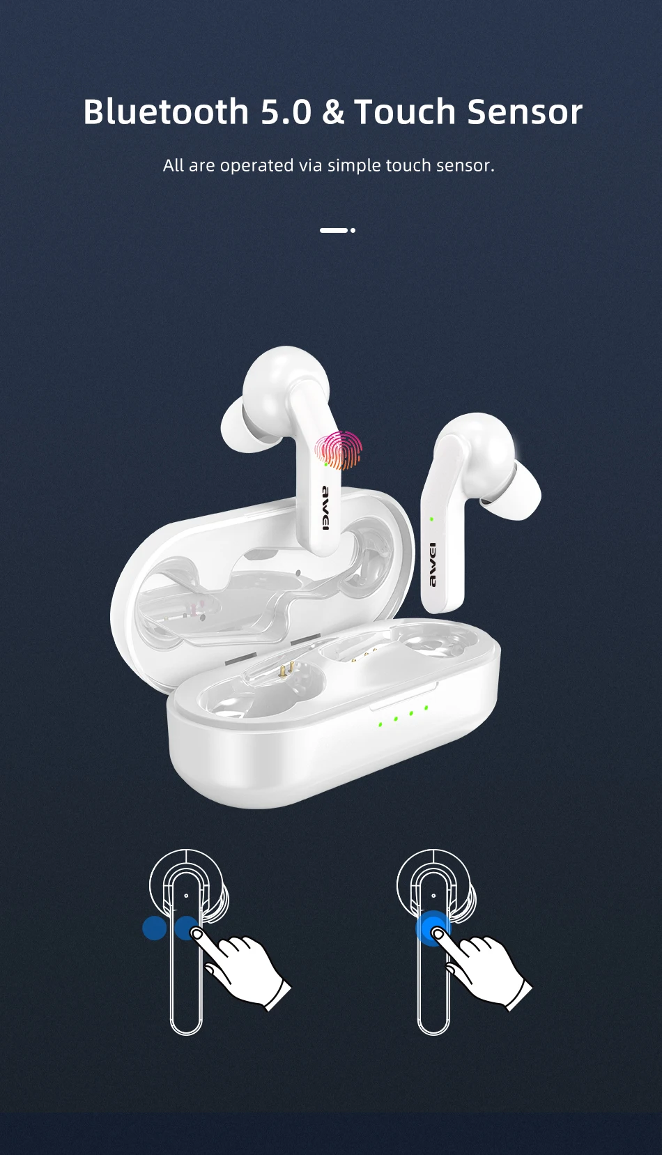AWEI TWS Bluetooth V5.0 настоящие беспроводные наушники для зарядки с двойным микрофоном шумоподавление HiFi 6D бас игровая гарнитура сенсорное управление Качественные Наушники с микрофоном звук чистый и басс
