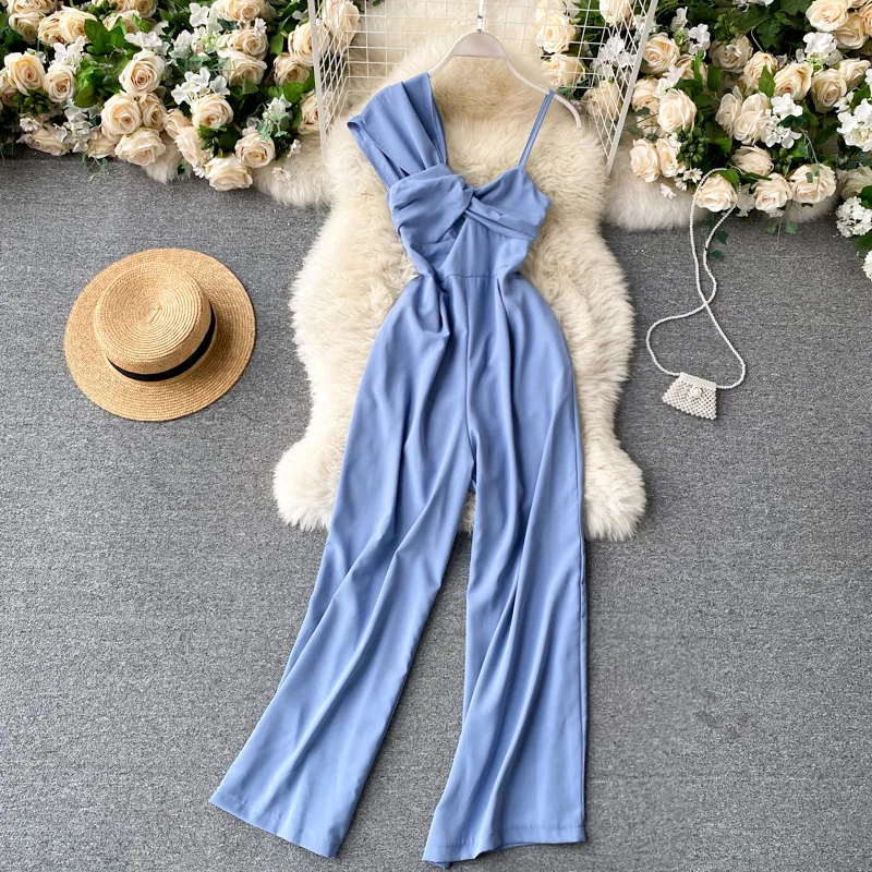 

Jumpsuit Women 2021 Elegant Asymmetrical Polyester Casual Solid Wide Leg Full Length Sexy One Piece Outfit Woman Fashion Pants
