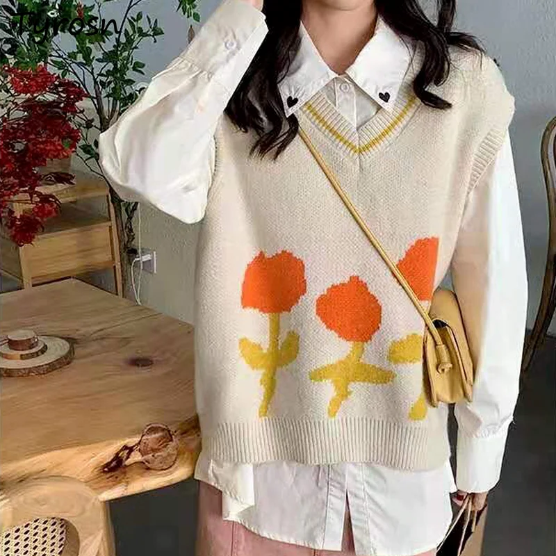 

Sweater Vests Women Flower Knitted Sweet Kawaii Femme Ulzzang Loose Jumpers Vintage V-neck Preppy Elegant Japan Style Fashion