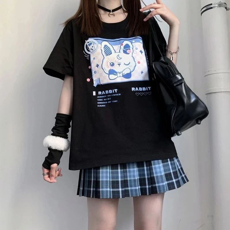 

Женские футболки в стиле Харадзюку 2021, милый топ с мультяшным Кроликом, женская одежда в японском стиле, летняя футболка