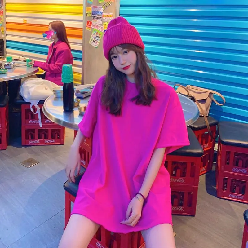 

Summer New T-shirt Women Korean Solid T-shirts Girls O-neck Oversized Tops Wild Streetwear Fashion Female Short-sleeve