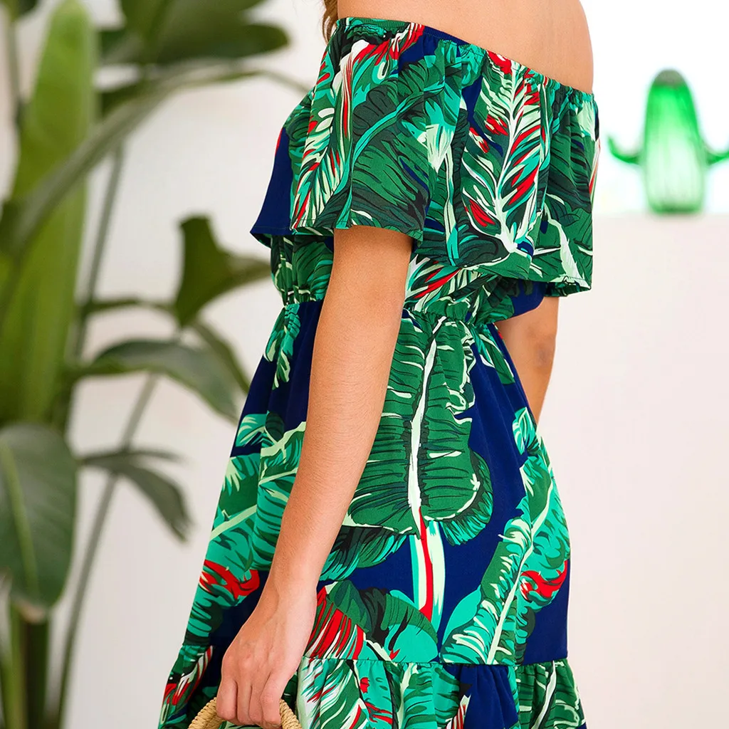 Модное повседневное плиссированное платье с открытыми плечами и принтом в виде