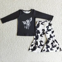 wholesale children fall winter baby girl clothing boutique sets kids bull black sleeves top cow print bells pants fashion outfit