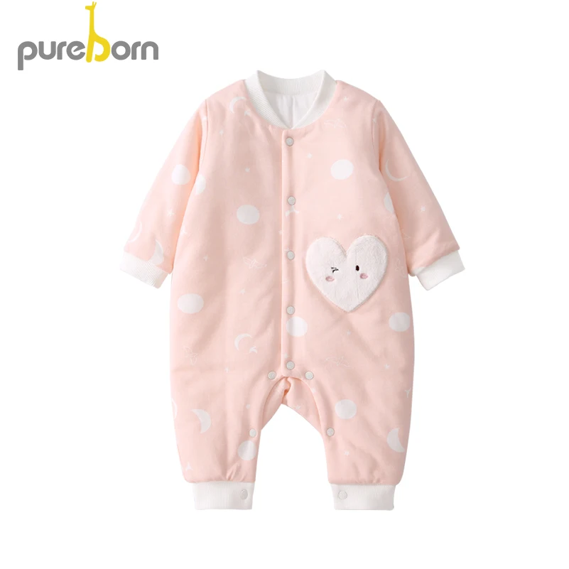 Pureborn новорожденный младенец унисекс Детский комбинезон восхитительный мультфильм стеганый хлопок подкладка мальчики девочки комбинезоны зимняя Рождественская одежда - Цвет: pink heart