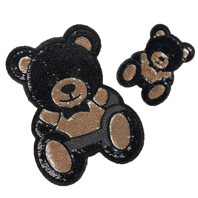 

Нашивка с вышивкой в виде медведя, Черное золото, большая аппликация с пайетками, Бейджи для одежды ткань, нашивки для самостоятельной аппли...