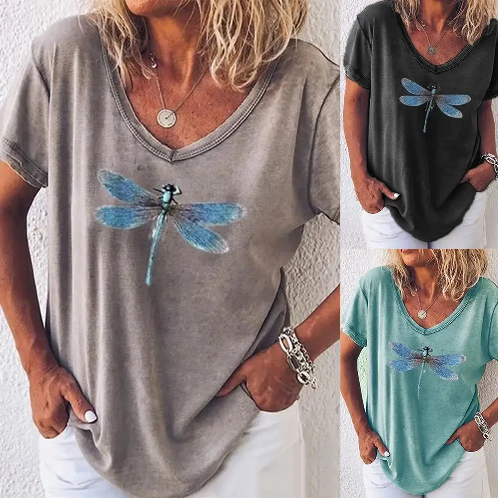

Fashion Women Summer Short Sleeve V Neck Dragonfly Print Loose T-shirt Blouse