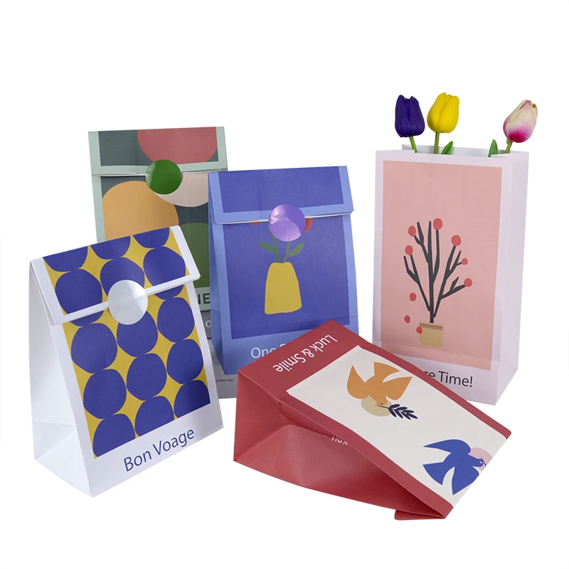 

6Pcs Kraft Paper Bag Stand Up Gift Bag With Sticker Flower Candy Packaging Wedding Birthday Baby Shower Gifts Decor Supplies