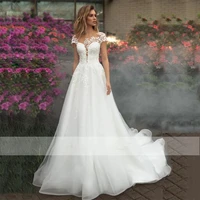 lace boho vintage wedding dresses a line 2021 elegant scoop neck cap sleeve lace appliques tulle court train beach bridal gowns
