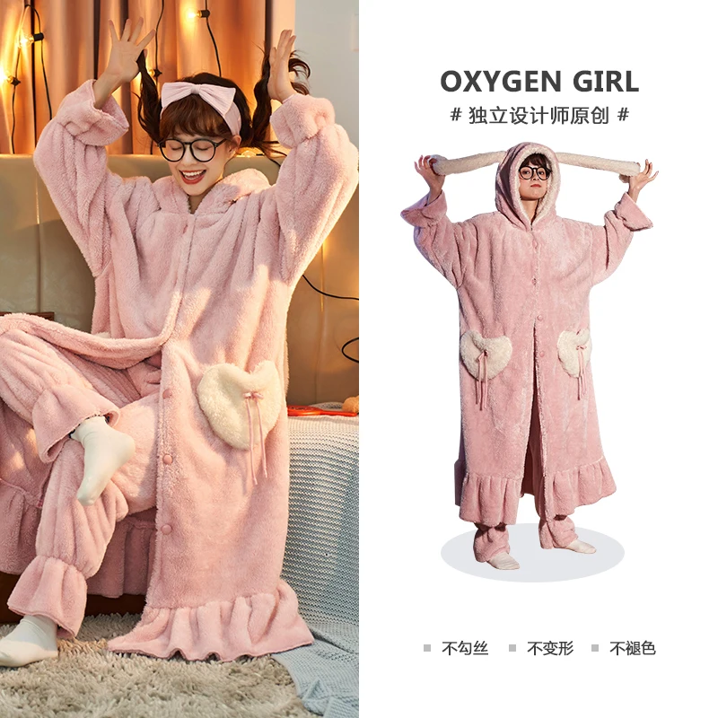 Intensification Winter Pajamas Loose Version Hooded Coral Fleece Pyjamas Women Sleepwear Medium Style Plus Size Flannel Nighty