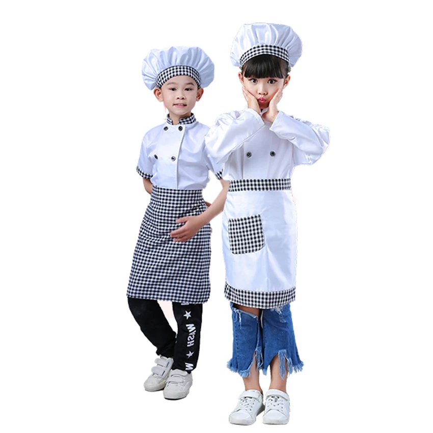 

2021 Children's Day Carnival Party Wear Kids Chef Uniform Shirt Apron with Cap Food Service Plaid Halloween Fancy Clothing