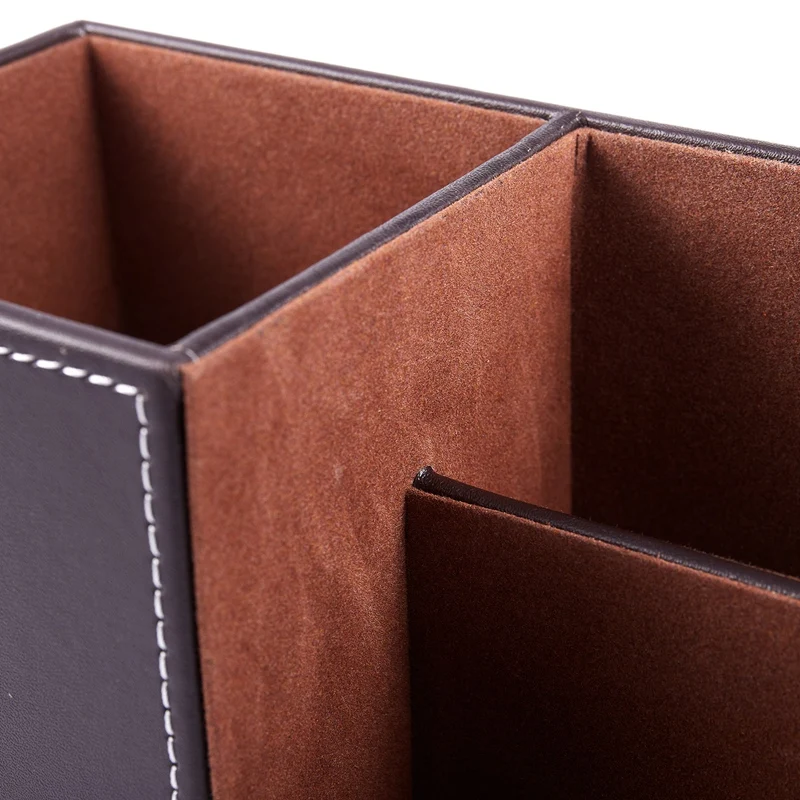 

PU Leather Desk Stationery Box Organizer, Office Desktop Organizer with 3 Divided Storage Compartments for Storing Pen/ Remote C