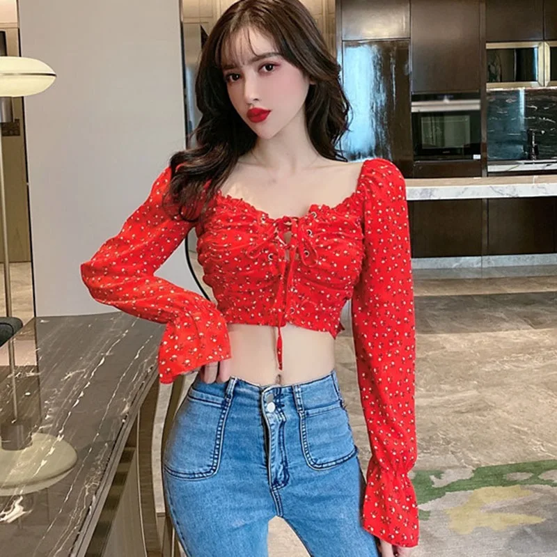 

Jlong Floral Print Chiffon Blouse Women Slash Neck Long Sleeve Shirt Female Short Blouses Top