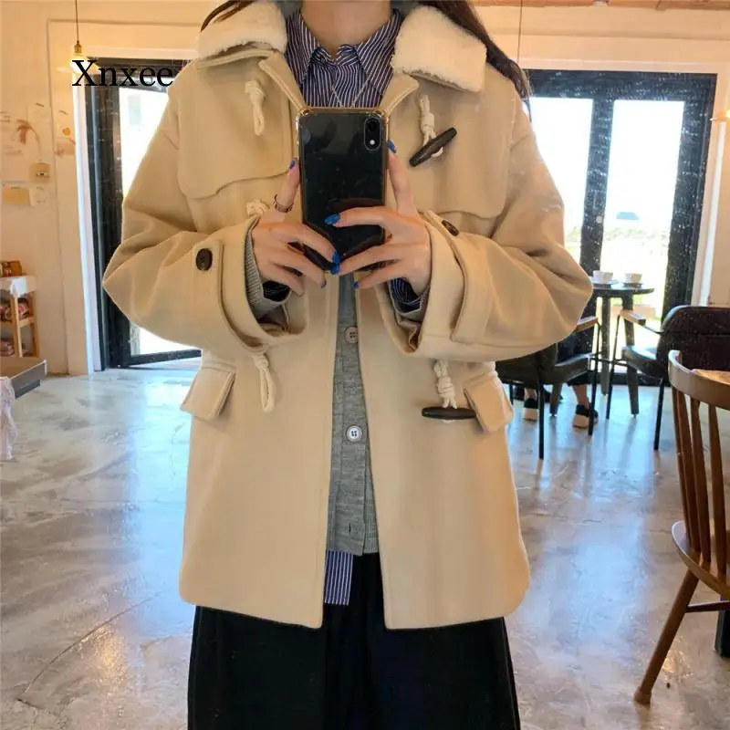 

Wool Women Solid Horn Buttons School Winter Thick All-Match Chic Casual Womens Harajuku Coat Loose Simple Korean Style Fashion