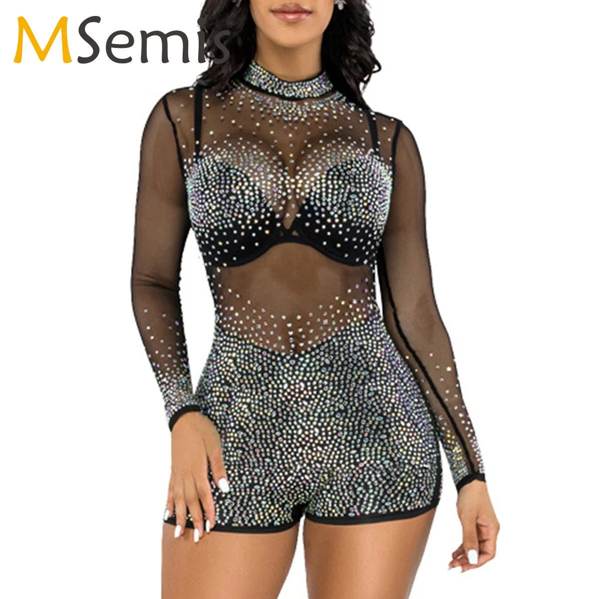 

Women Sexy Rhinestone Mesh Long Sleeve Clubwear Pole Dancing Bodysuit Adults Long Sleeve Night Club Sparkly Playsuits Romper