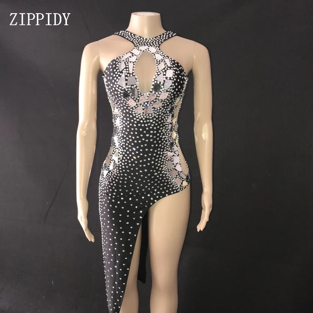 Flashing Silver Mirrors Rhinestones Dress Birthday Celebrate Black Shining Stage Latin DRESS Evening Bar Singer Dancer Show Outfit