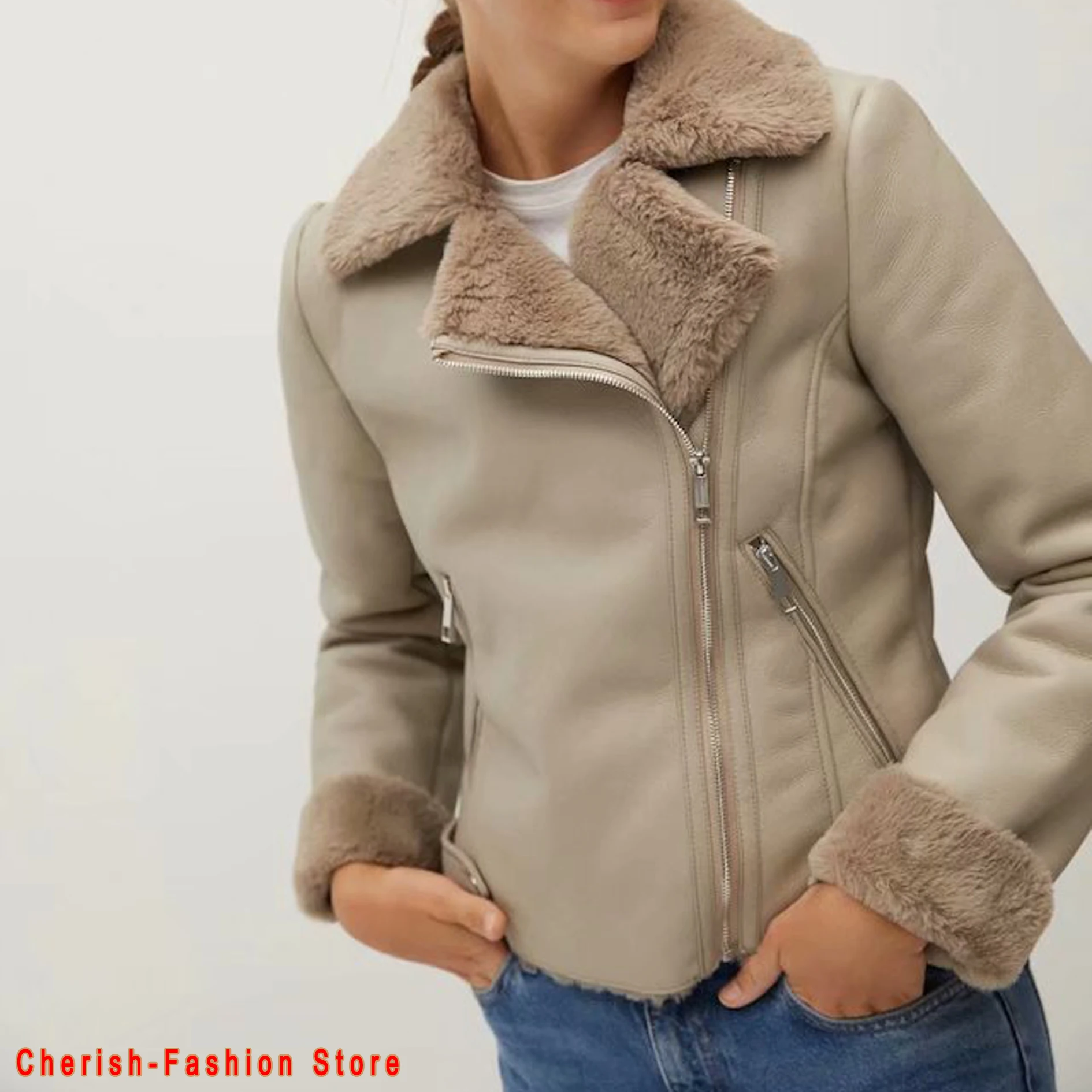 

Женские мотоциклетные черные короткие куртки на молнии, шерстяные уличные пальто, топы, Лидер продаж 2022, женские зимние толстые куртки из искусственной кожи с меховым воротником из ягненка