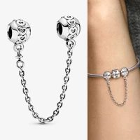 original 925 sterling silver silvery heart chain safety chain fit pandora women bracelet necklace diy jewelry