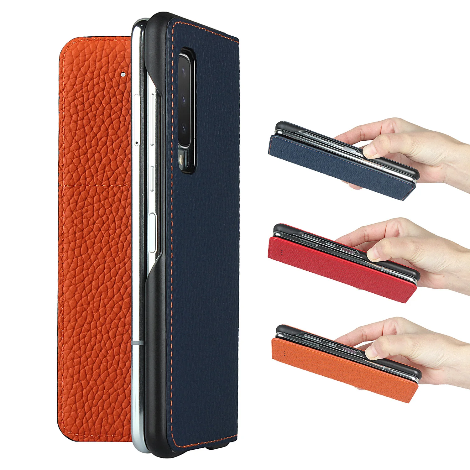 Magnetic Case for Samsung Galaxy Fold Case Luxury Lychee Genuine Leather Wallet Flip Card Slot Cover for Samsung Fold 1 Case