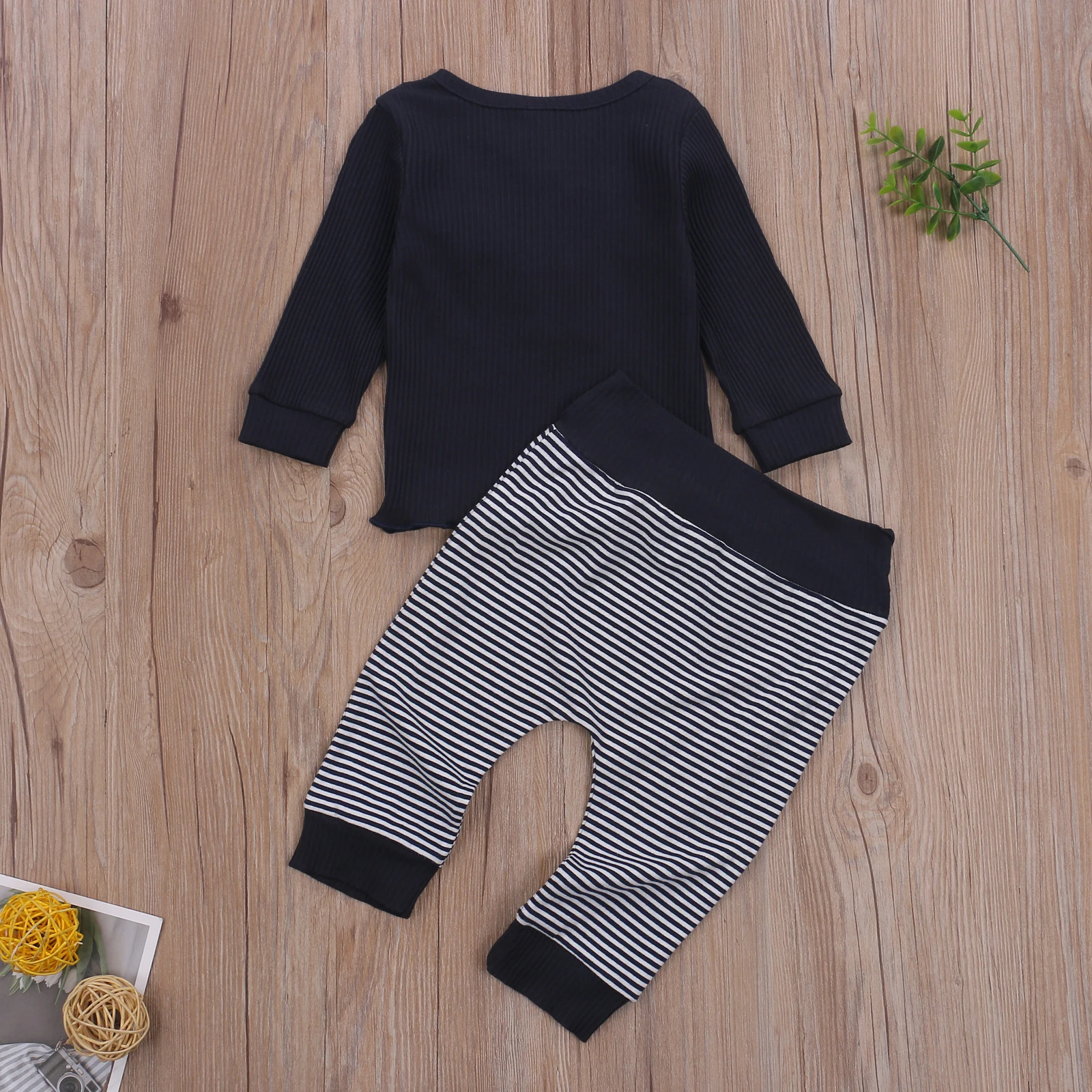 

0-24M Newborn Baby Girls Boys Clothes Sets Button Long Sleeve Pullover Tops Striped Pants 2pcs