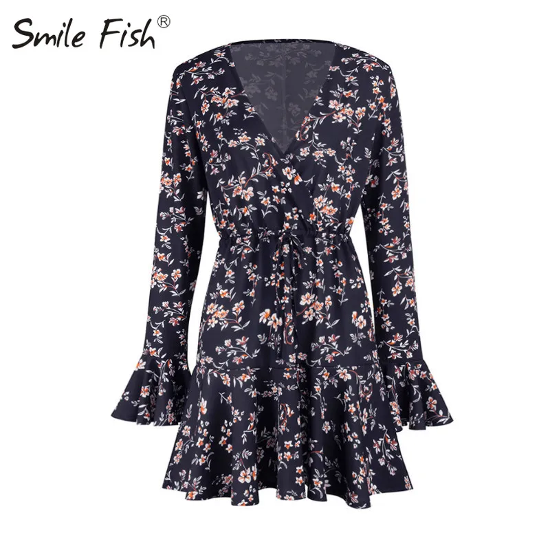 

Sexy Mini Dresses Flower Ladies Casual Long Sleeve V-Neck Short Summer Dresses Ruffles Chiffon Boho Mini Beach Dress Women G2284