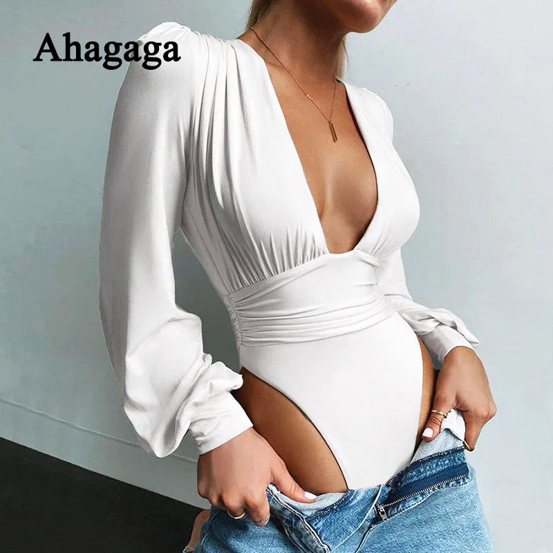 

Ahagaga Autumn Rompers Women Jumpsuit Sexy Clubwear V-Neck High Waist Solid Skinny Bodycon Regular Long Sleeve Female Bodysuit