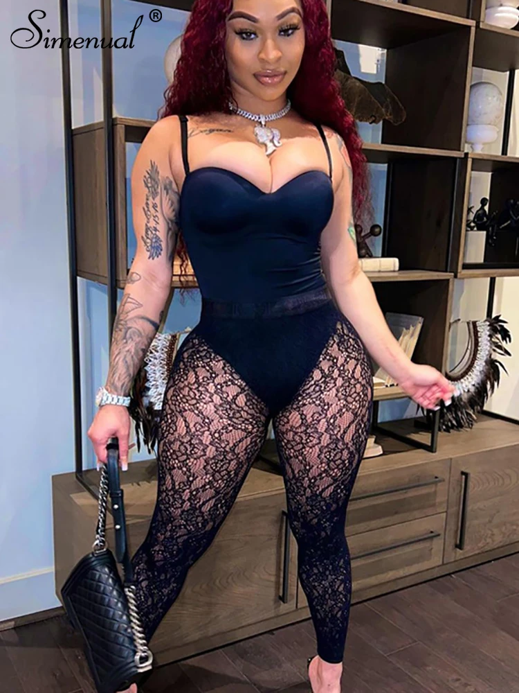 

Simenual Strap Bodysuit And Lace Leggings Two Piece Sets See Through Bodycon Black Sexy Baddie Clothes Hot Women Co-ord Outfits