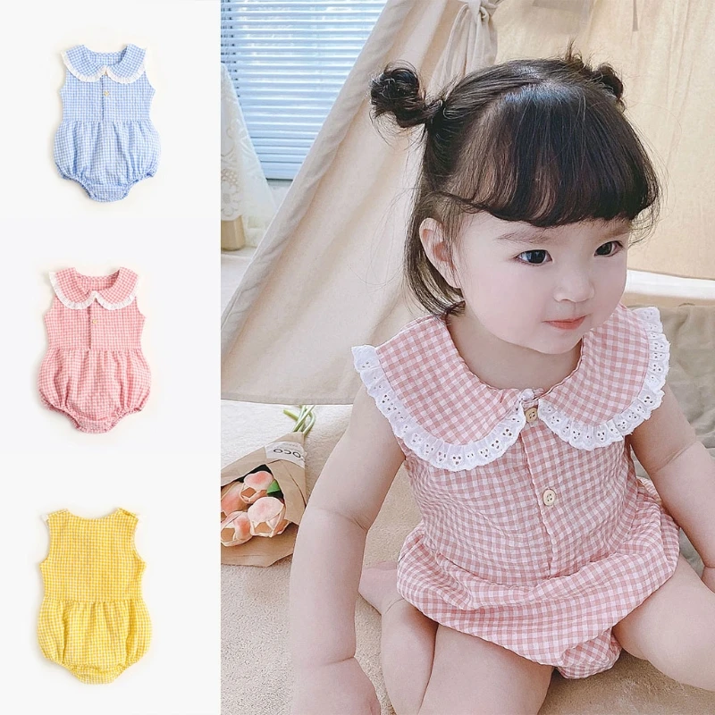 

Newborn Infant Baby Girl Sleeveless Romper Summer Lapel Button Plaid Printed Jumpsuit Onesies Snap Crotch Top Bodysuit Overalls