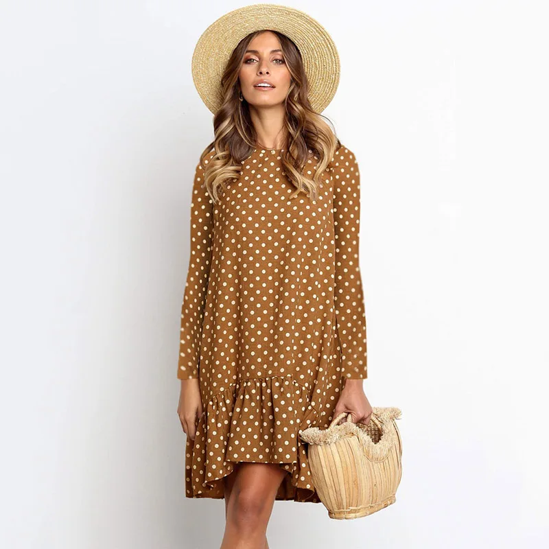 2020 Women Autumn Dress Fashion Polka Dot Chiffon Boho Long Sleeve Ruffle Female Casual Yellow | Женская одежда