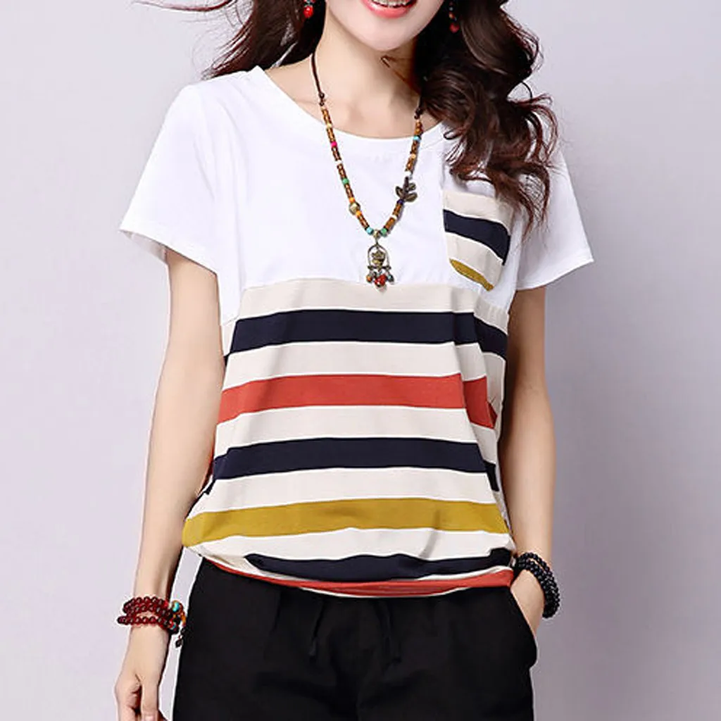 

Одежда для женщин, летние футболки, топ, Полиэстеровая полосатая Повседневная Свободная футболка с круглым вырезом и короткими рукавами, бл...