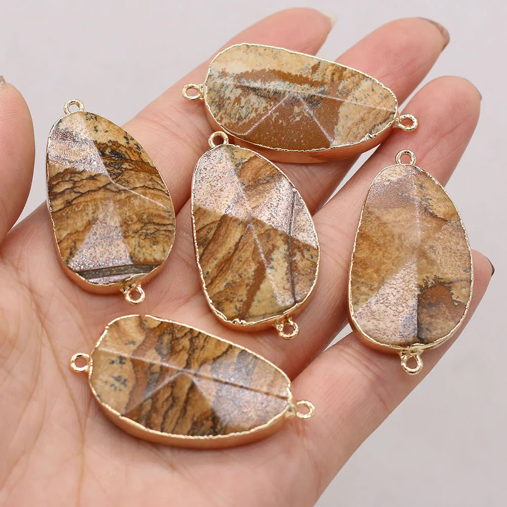 

1PCS Natural Picture Stone Irregular Gold-plated Edge Connector Pendant For Jewelry Making DIY Necklace Earring Accessories Gift