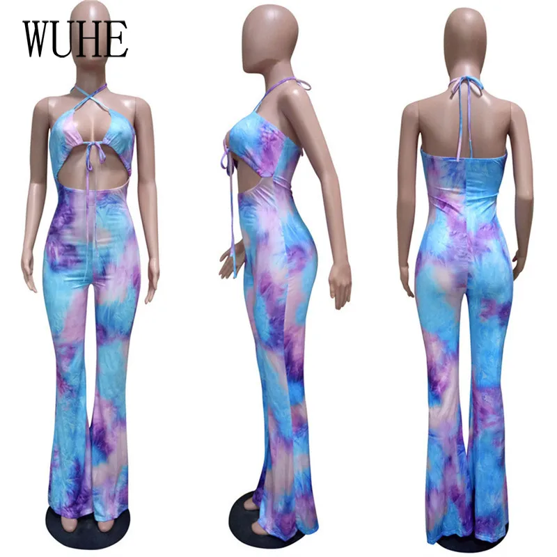

WUHE Hollow Out Women Party Jumpsuits Print Bandage Lace Up Halter Off Shoulder High Waist Backless Flare Long Pants Clubwear