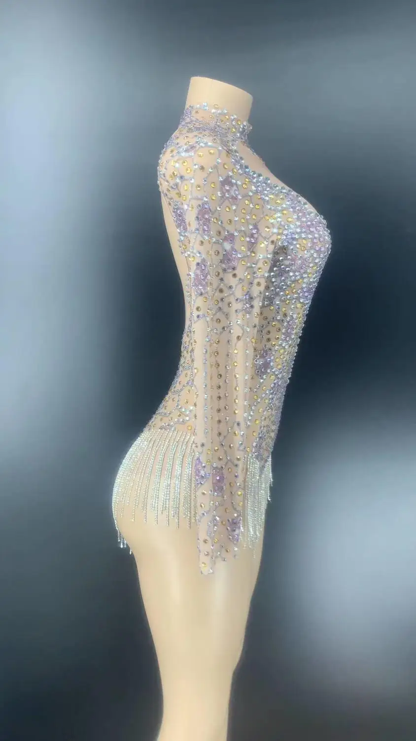 Shiny Purple Fringes Rhinestones Bodysuit Dance Show One-piece Sexy Costume Women's Performance Leotard Female Singer clothing