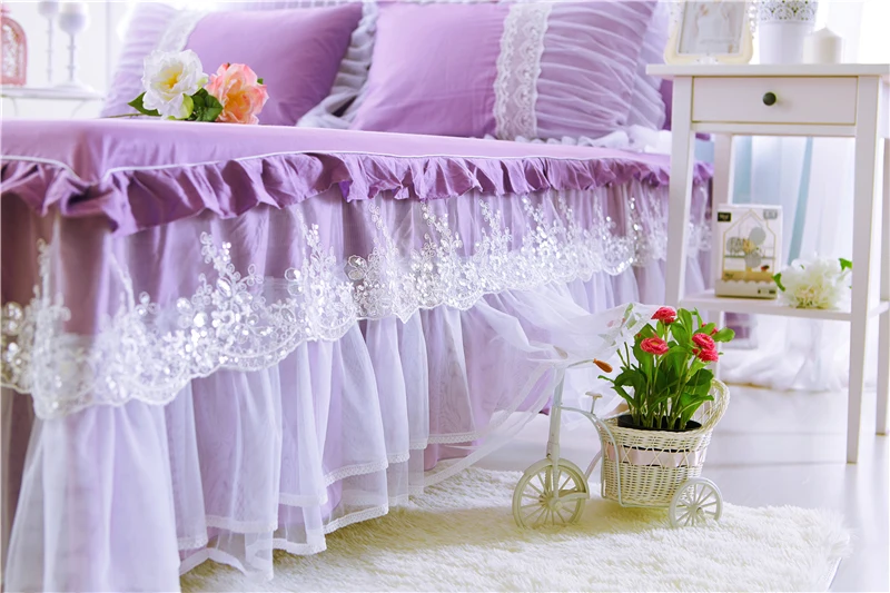 

3Pcs Princess purple Pink Bed skirt King Queen Full twin size For Kids Adults Girls Room Bedspread Bedsheet Pillowcase for Gifts