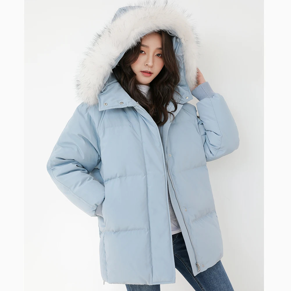 Женский пуховик средней длины YAYA свободное теплое пальто на белом утином пуху со