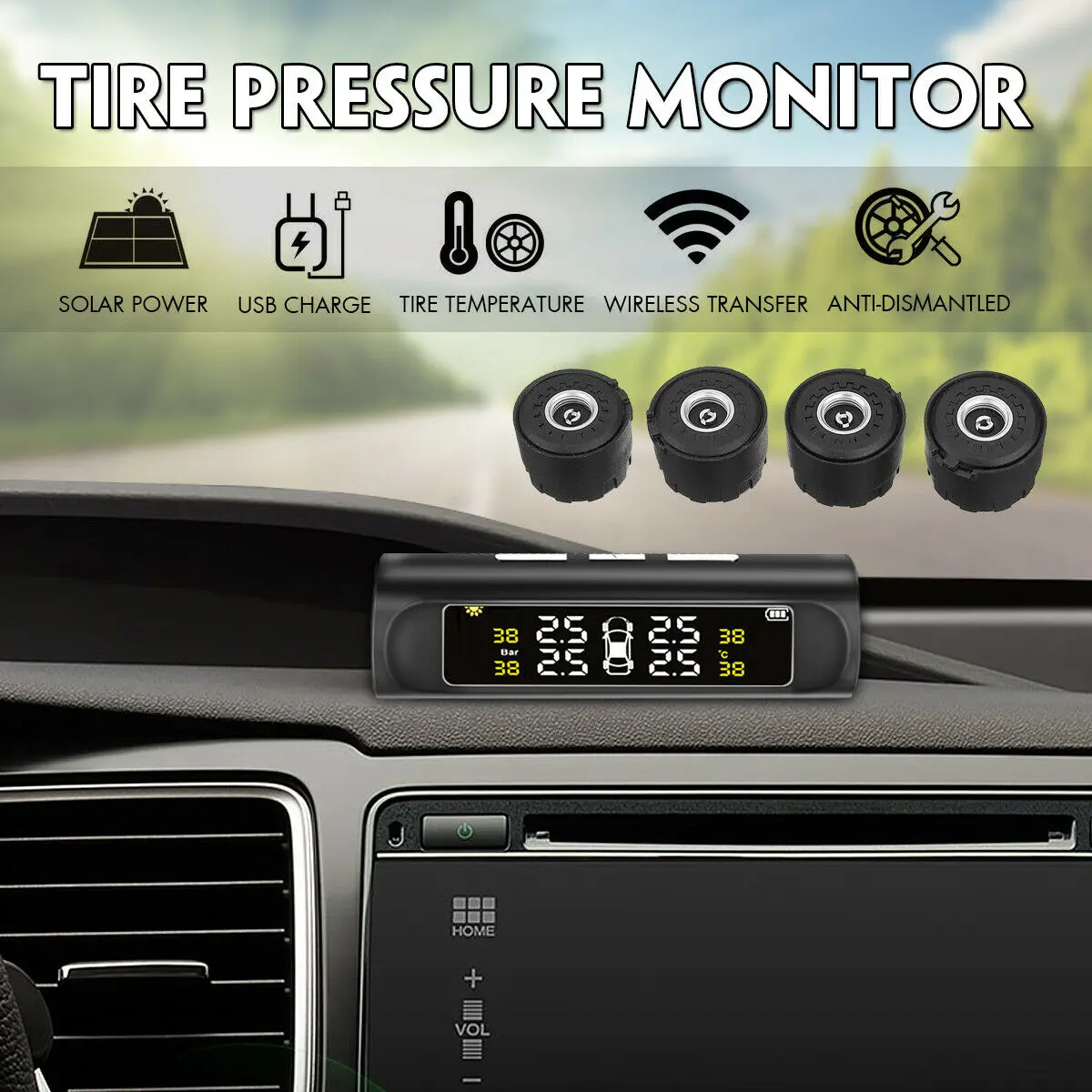 Автомобильная система контроля давления в шинах TPMS беспроводная с 4 датчиками